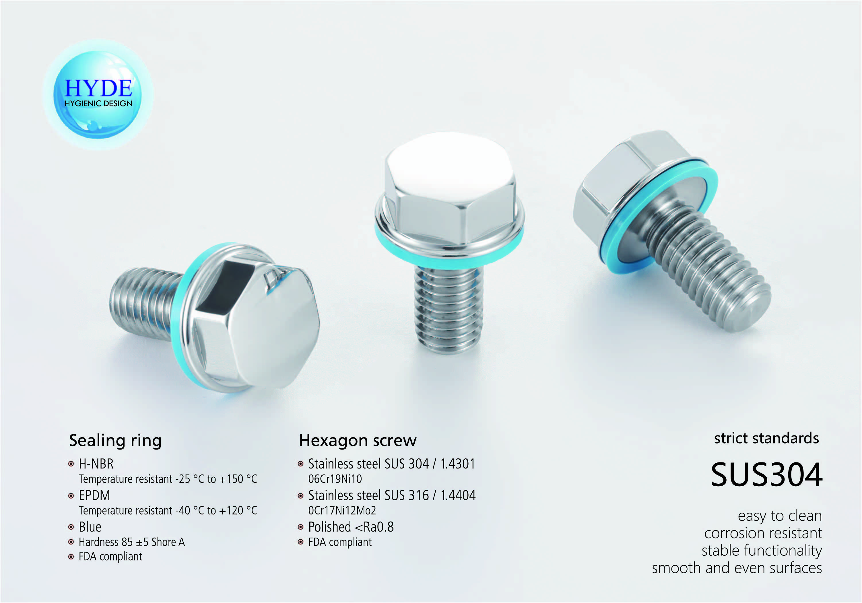 S1129 SS316 Stainless Steel Hygienic Hexagon Screw with H-NBR sealing ring
